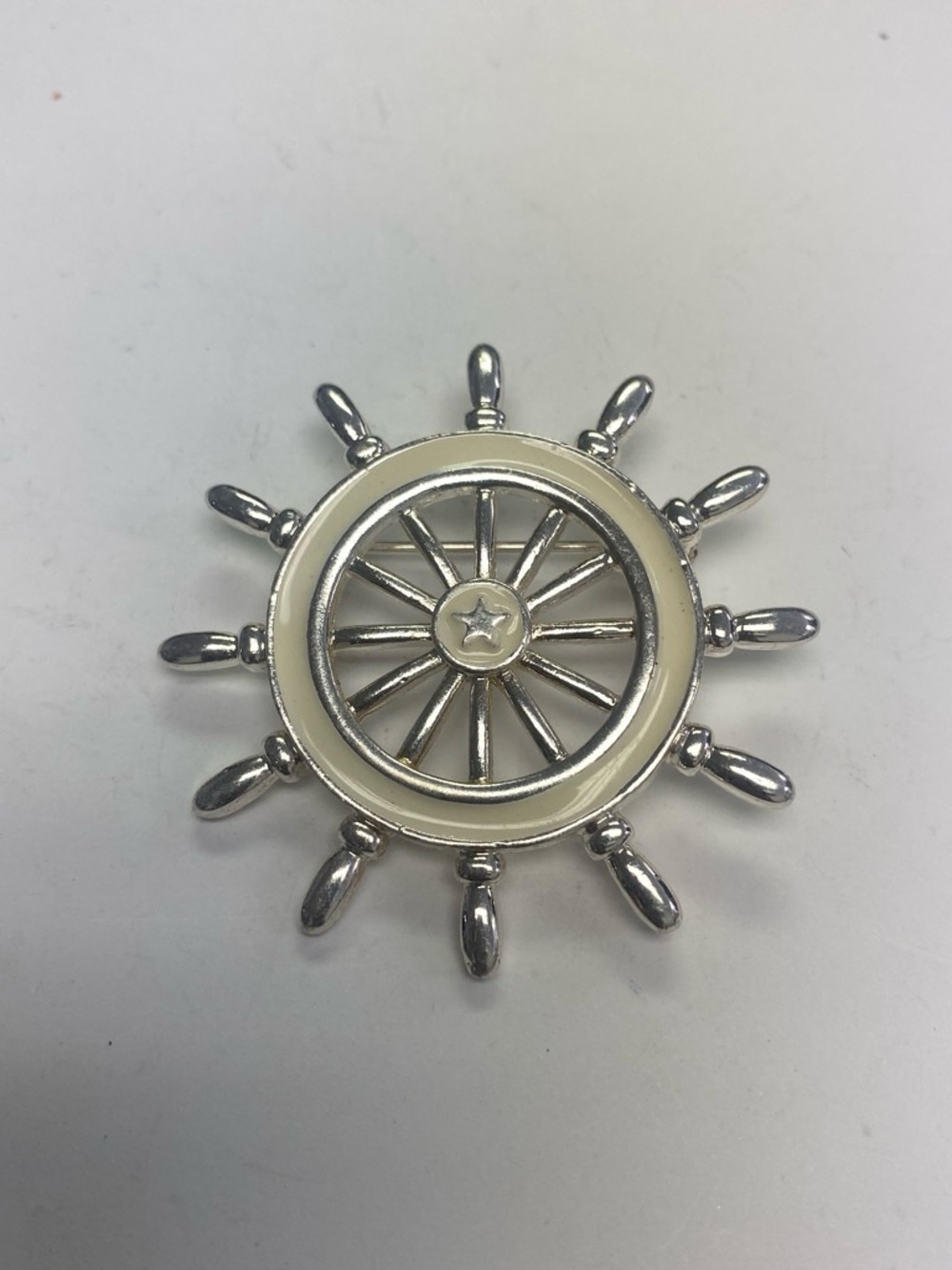 Vintage Danecraft Nautical Ship Wheel Silver-Tone Brooch with Cream Accent
